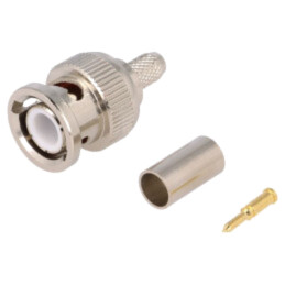 Conector: BNC; mufă; tată; drept; 50Ω; crimpat; pe cablu; PTFE; aurit