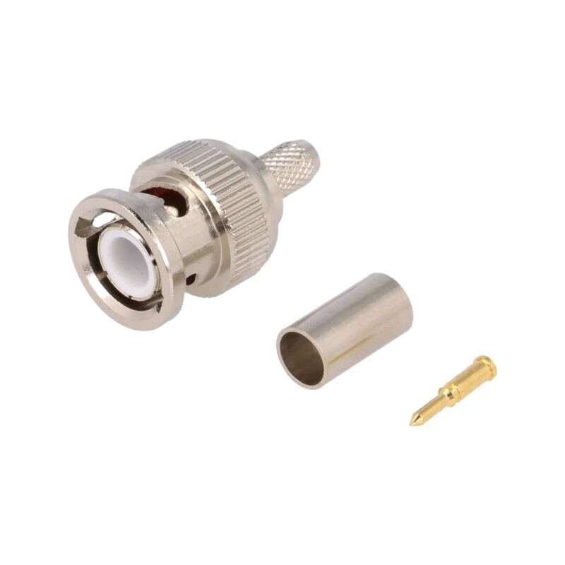 Conector: BNC; mufă; tată; drept; 50Ω; crimpat; pe cablu; PTFE; aurit