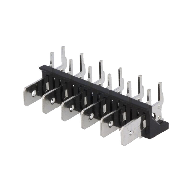 Terminal: conector spadă; 6,3mm; THT; 250V; în unghi 90°; piste: 6 Terminal: conector spadă; 6,3mm; THT; 250V; în unghi 90°; piste: 6