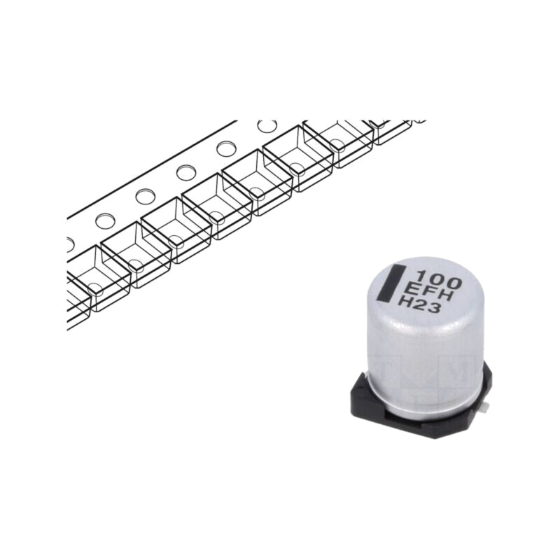 Condensator: electrolitic; low ESR; SMD; 100uF; 25VDC; Ø6,3x7,7mm Condensator: electrolitic; low ESR; SMD; 100uF; 25VDC; Ø6,3x7,7mm