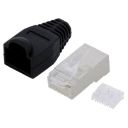 Conector: RJ45; mufă; PIN: 8; Cat: 6; ecranat,cu manşon; neagră; tată