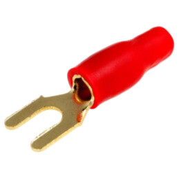 Terminal: tip furcă; M4; 4mm2; aurit; izolată; roşie