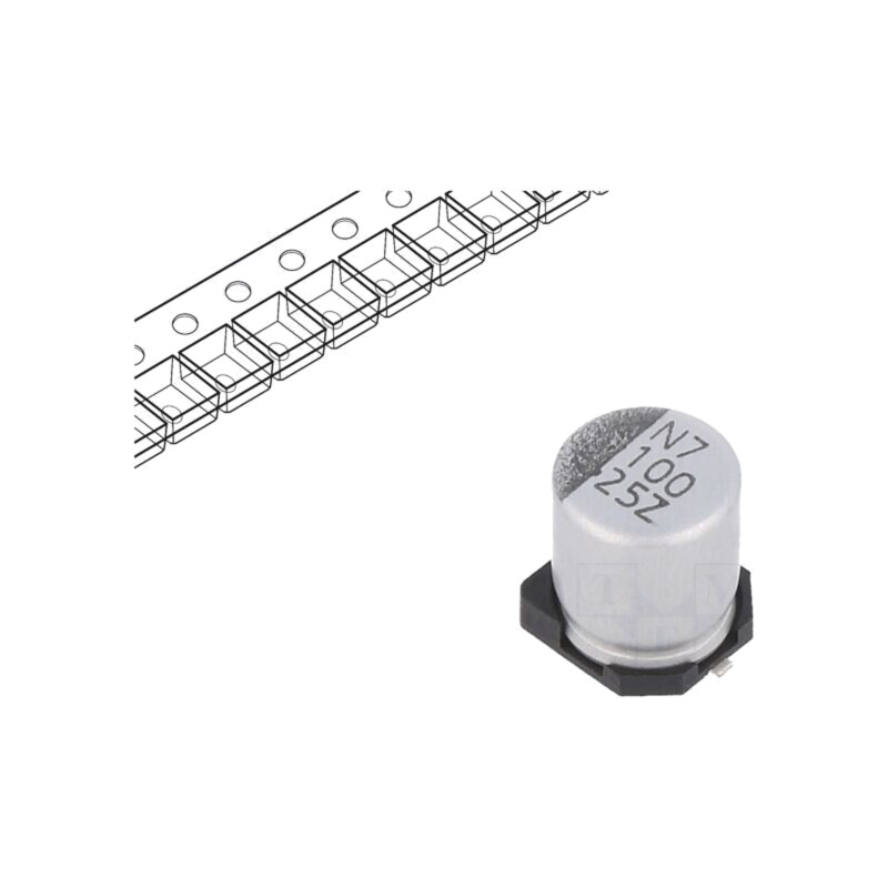 Condensator: electrolitic; low ESR; SMD; 100uF; 25VDC; Ø6,3x7,7mm