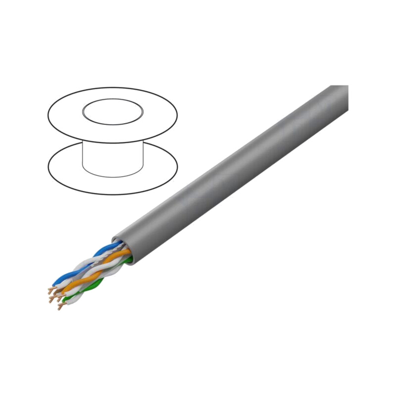 Cablu; U/UTP; 4x2x23AWG; 6; sârmă; CCA; PVC; gri; 305m; Øcablu: 6mm Cablu; U/UTP; 4x2x23AWG; 6; sârmă; CCA; PVC; gri; 305m; Øcablu: 6mm