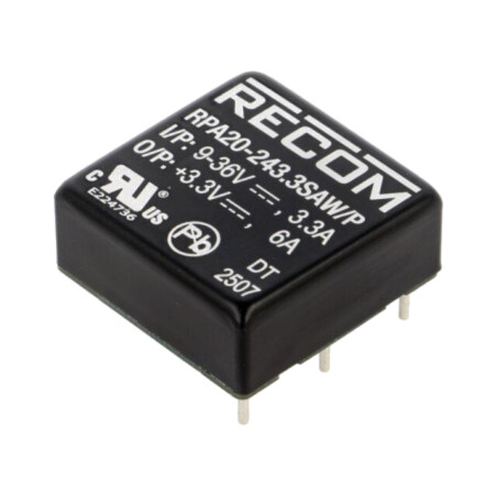 Convertor: DC/DC; 20W; Uintr: 9÷36VDC; Uieş: 3,3VDC; Iieş: 6A; 1"x1"