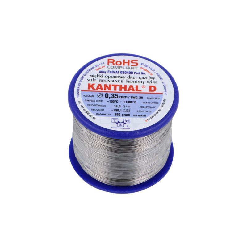 Fir de rezistenţă; 14Ω/m; -100÷1300°C; 0,25kg; Øext: 0,35mm; 29SWG Fir de rezistenţă; 14Ω/m; -100÷1300°C; 0,25kg; Øext: 0,35mm; 29SWG