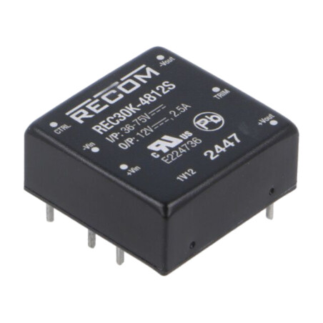 Convertor: DC/DC; 30W; Uintr: 36÷75VDC; Uieş: 12VDC; 1"x1"; REC30K