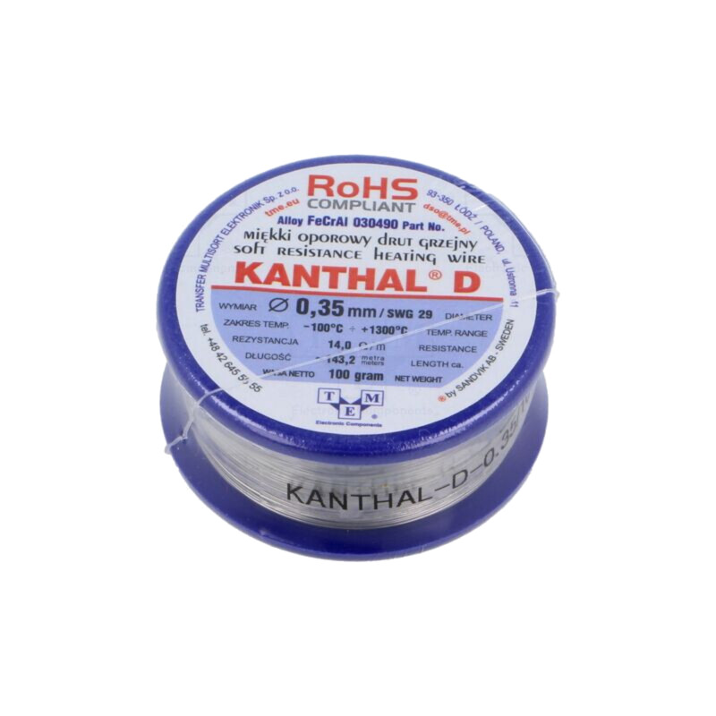 Fir de rezistenţă; 14Ω/m; -100÷1300°C; 0,1kg; Øext: 0,35mm; FeCrAl Fir de rezistenţă; 14Ω/m; -100÷1300°C; 0,1kg; Øext: 0,35mm; FeCrAl