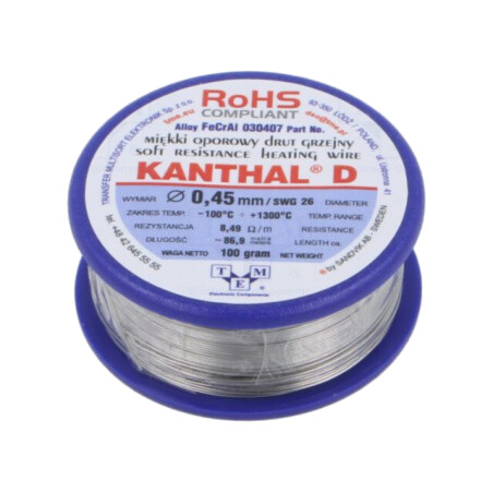 Fir de rezistenţă; 8,49Ω/m; -100÷1300°C; 0,1kg; Øext: 0,45mm