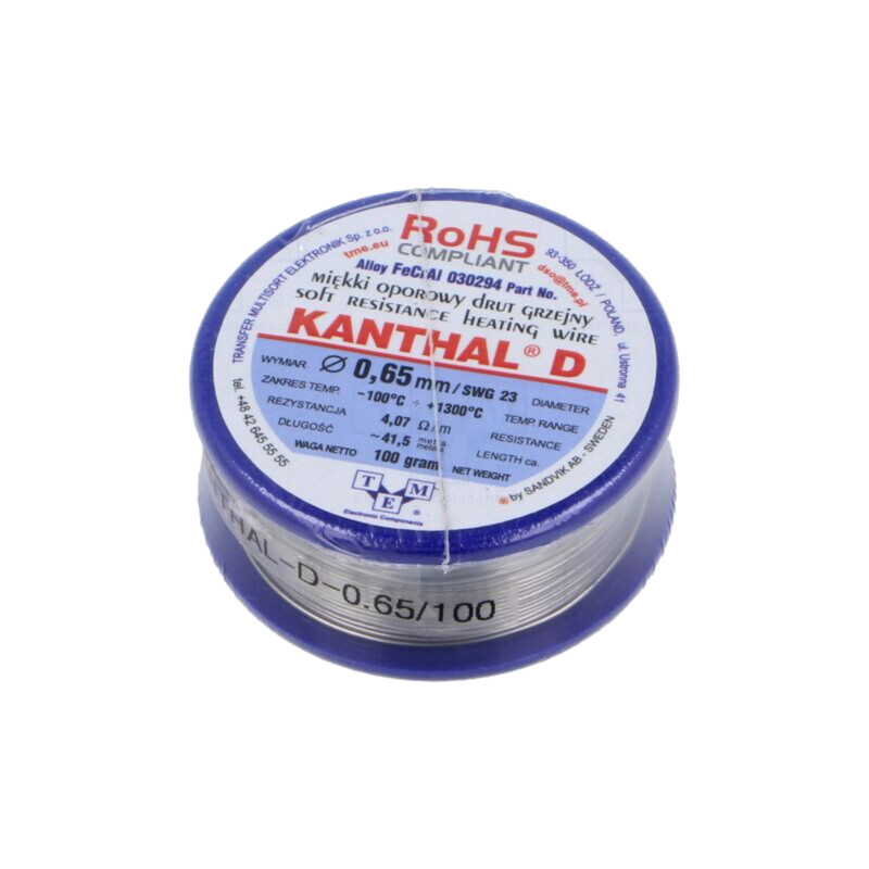 Fir de rezistenţă; 4,07Ω/m; -100÷1300°C; 0,1kg; Øext: 0,65mm Fir de rezistenţă; 4,07Ω/m; -100÷1300°C; 0,1kg; Øext: 0,65mm