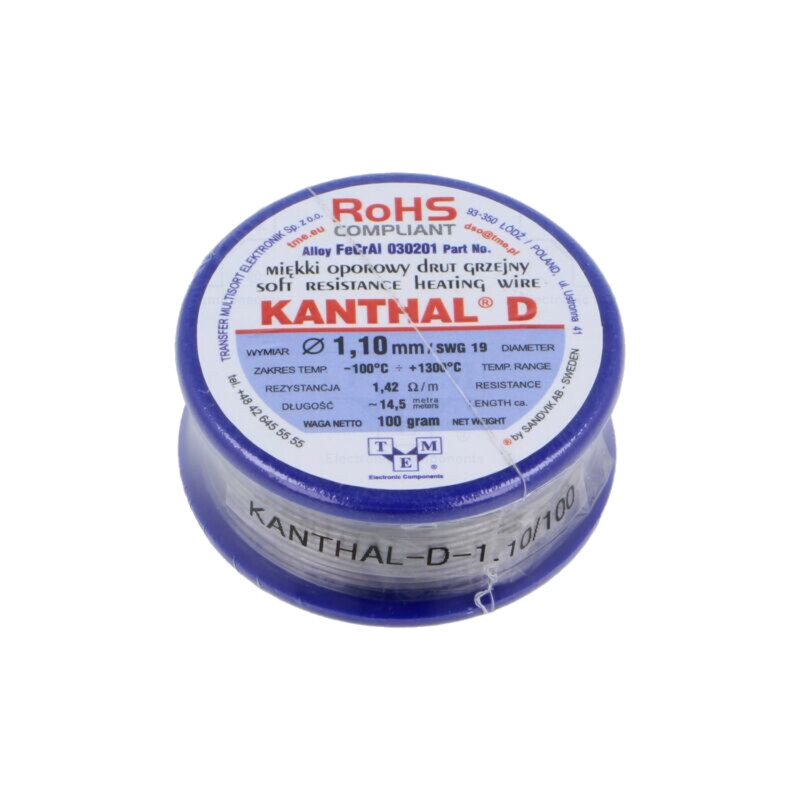 Fir de rezistenţă; 1,42Ω/m; -100÷1300°C; 0,1kg; Øext: 1,1mm; 19SWG