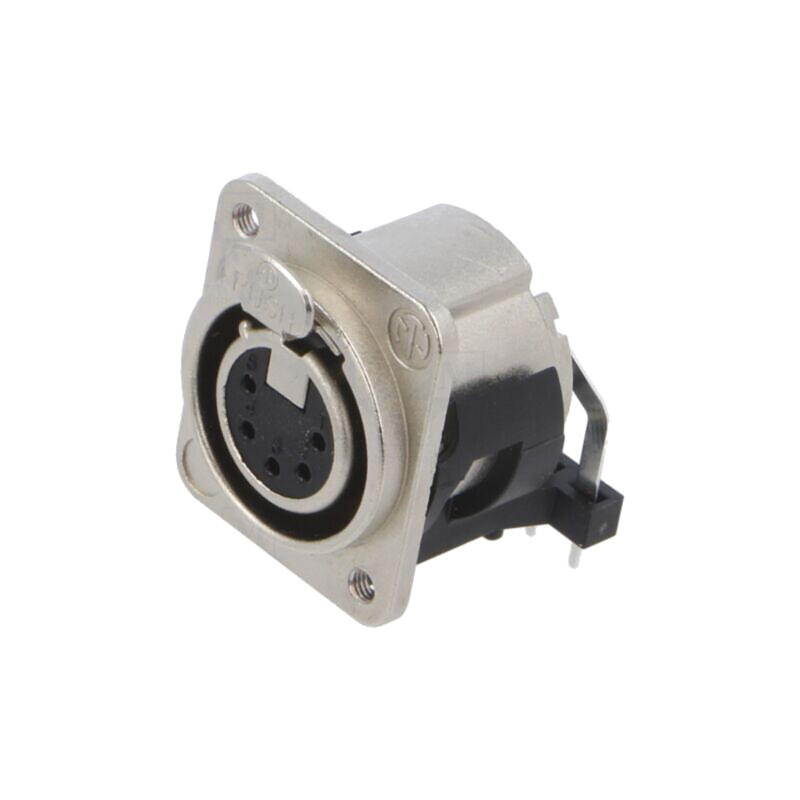 Conector: XLR; soclu; mamă; PIN: 5; în unghi 90°; cu buton; THT; 3A Conector: XLR; soclu; mamă; PIN: 5; în unghi 90°; cu buton; THT; 3A