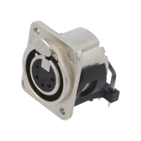 Conector: XLR; soclu; mamă; PIN: 5; în unghi 90°; cu buton; THT; 3A