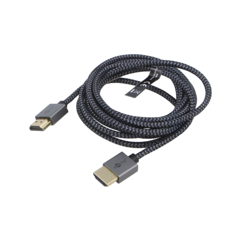 Cablu; HDMI mufă,din ambele părţi; PVC; textilă; 2m; negru și gri