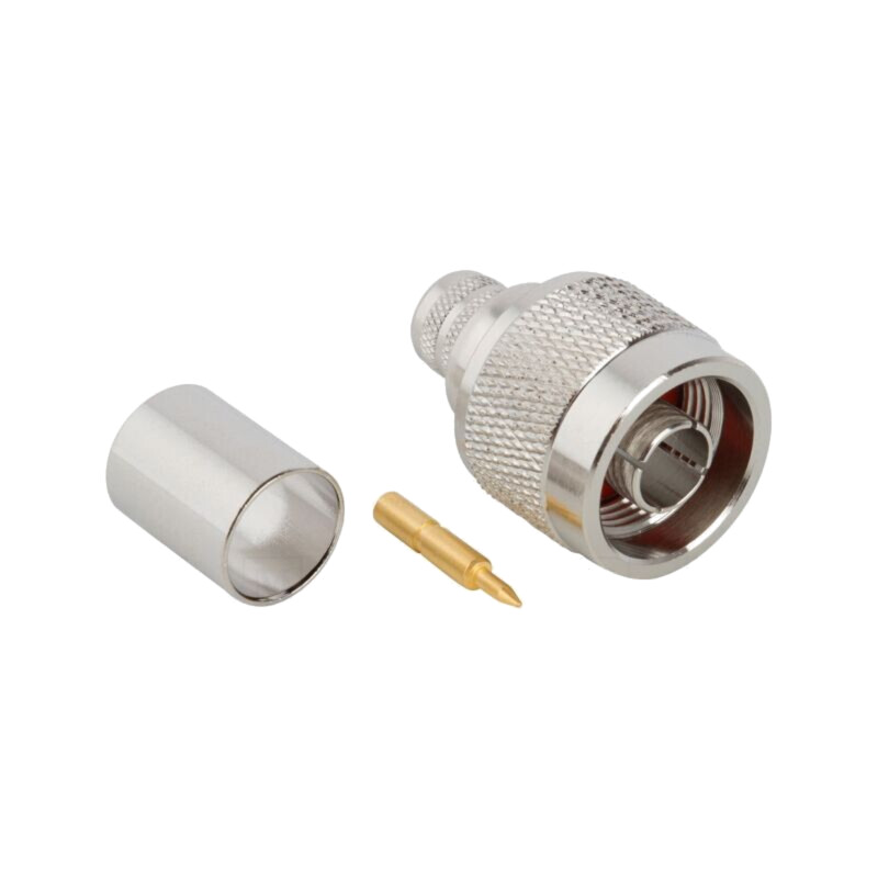 Conector: N; mufă; tată; drept; 50Ω; crimpat; pe cablu; aurit; PTFE Conector: N; mufă; tată; drept; 50Ω; crimpat; pe cablu; aurit; PTFE