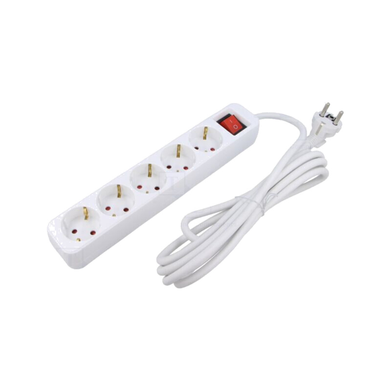Prelungitor alimentare; 3x1mm2; Schuko; Prize: 5; gumă; alb; 3m; 10A Prelungitor alimentare; 3x1mm2; Schuko; Prize: 5; gumă; alb; 3m; 10A