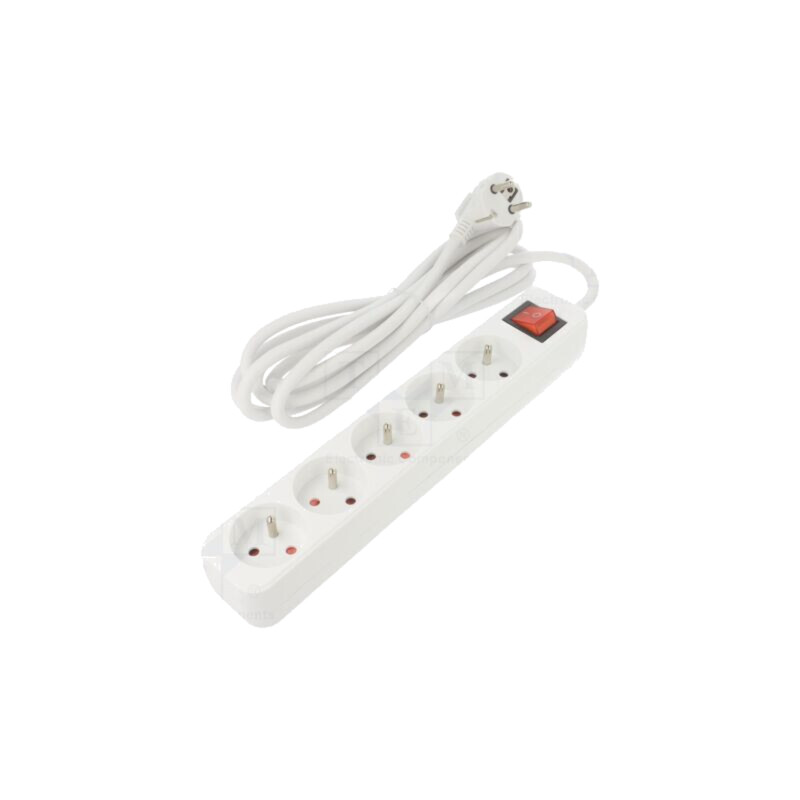 Prelungitor alimentare; 3x1mm2; Prize: 5; gumă; alb; 3m; 10A Prelungitor alimentare; 3x1mm2; Prize: 5; gumă; alb; 3m; 10A