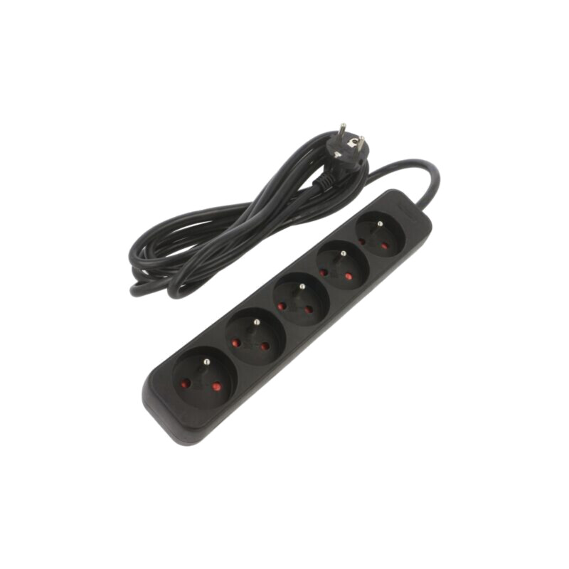 Prelungitor alimentare; 3x1mm2; Prize: 5; gumă; negru; 3m; 10A Prelungitor alimentare; 3x1mm2; Prize: 5; gumă; negru; 3m; 10A