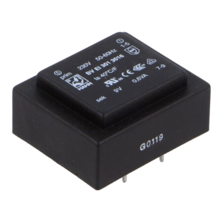 Transformator: încapsulat; 0,6VA; 230VAC; 9V; 67mA; PCB; BVEI
