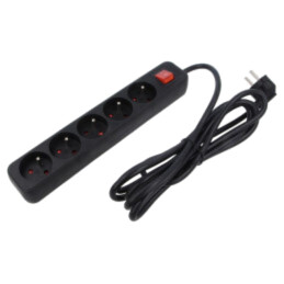 Prelungitor alimentare; 3x1mm2; Prize: 5; gumă; negru; 1,5m; 10A