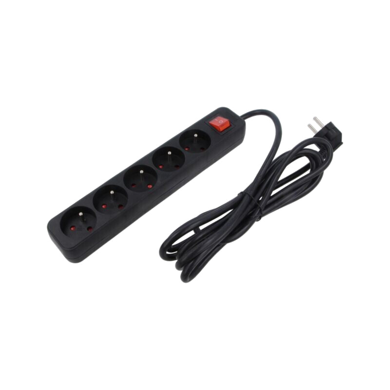 Prelungitor alimentare; 3x1mm2; Prize: 5; gumă; negru; 1,5m; 10A Prelungitor alimentare; 3x1mm2; Prize: 5; gumă; negru; 1,5m; 10A