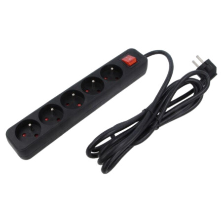 Prelungitor alimentare; 3x1mm2; Prize: 5; gumă; negru; 1,5m; 10A