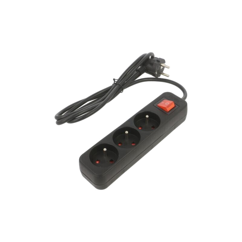 Prelungitor alimentare; 3x1mm2; Prize: 3; gumă; negru; 1,5m; 10A