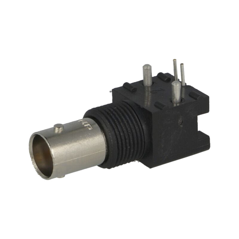 Conector: BNC; soclu; mamă; în unghi 90°; 50Ω; THT; neagră; aurit