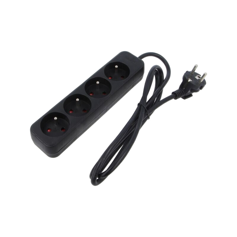 Prelungitor alimentare; 3x1mm2; Prize: 4; gumă; negru; 1,5m; 10A Prelungitor alimentare; 3x1mm2; Prize: 4; gumă; negru; 1,5m; 10A