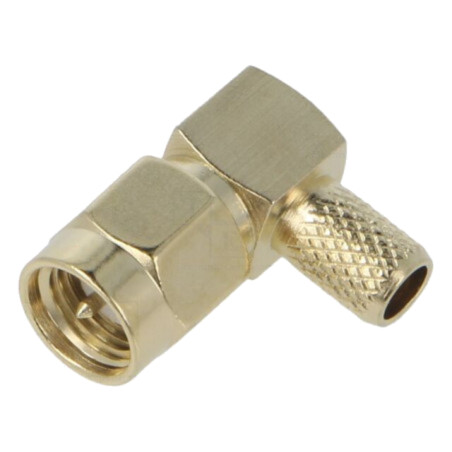 Conector: SMA; mufă; tată; în unghi 90°; 50Ω; lipire,crimpat; PTFE