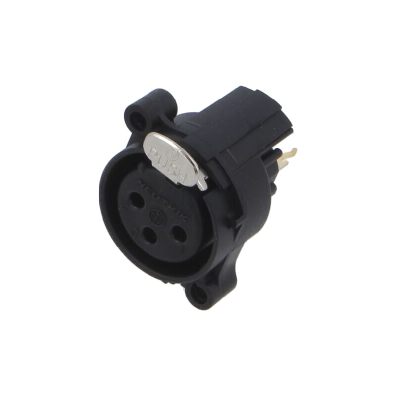 Conector: XLR; soclu; mamă; PIN: 3; drept; cu buton; THT; neagră; 6A Conector: XLR; soclu; mamă; PIN: 3; drept; cu buton; THT; neagră; 6A
