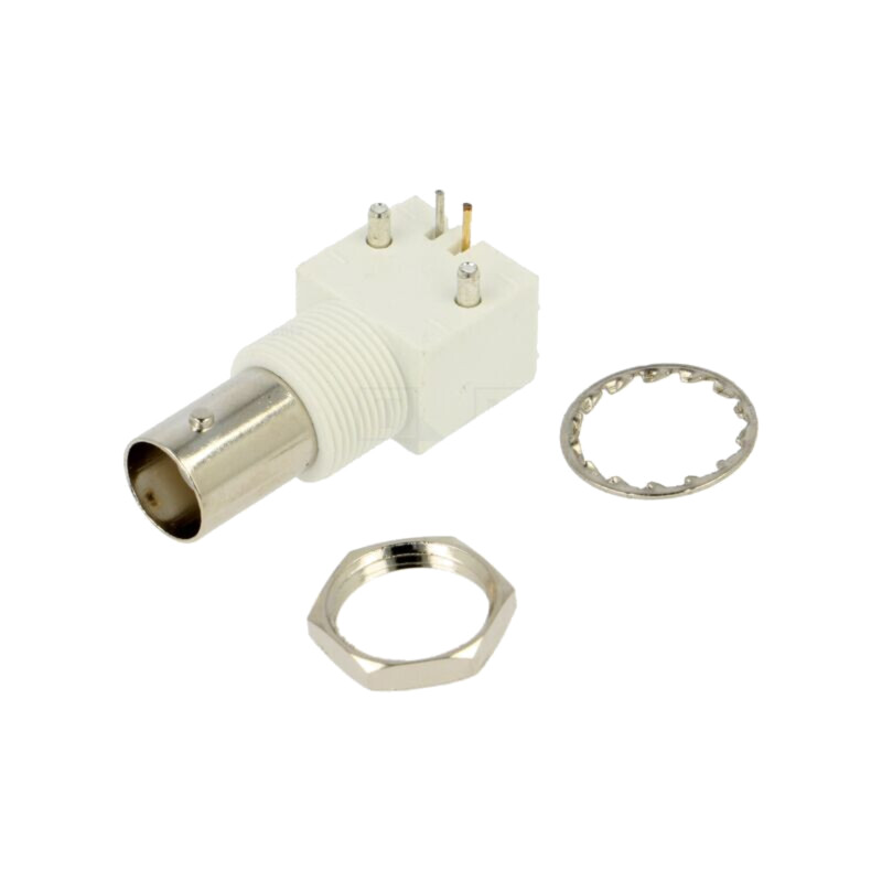 Conector: BNC; soclu; mamă; în unghi; 50Ω; THT; PS; nichelat Conector: BNC; soclu; mamă; în unghi; 50Ω; THT; PS; nichelat