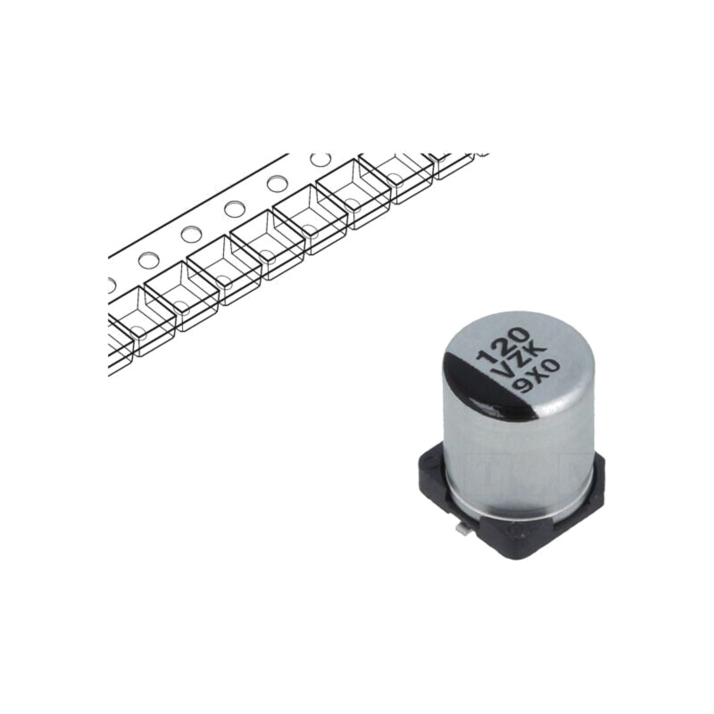 Condensator: hibrid; 120uF; 35VDC; SMD; ESR: 35mΩ; ZKU; ±20%; 4000h Condensator: hibrid; 120uF; 35VDC; SMD; ESR: 35mΩ; ZKU; ±20%; 4000h