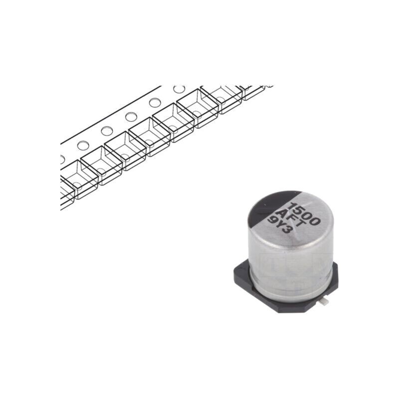 Condensator: electrolitic; low ESR; SMD; 1500uF; 10VDC; Ø10x10,2mm Condensator: electrolitic; low ESR; SMD; 1500uF; 10VDC; Ø10x10,2mm