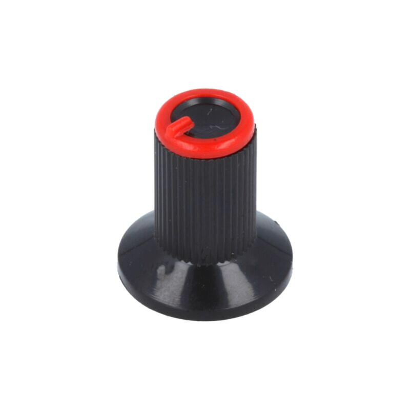 Buton rotativ; cu flanşă; plastic; Øax: 6mm; Ø10x19mm; neagră; roşu Buton rotativ; cu flanşă; plastic; Øax: 6mm; Ø10x19mm; neagră; roşu