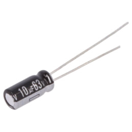Condensator: electrolitic; THT; 10uF; 63VDC; Ø5x11mm; Raster: 2mm