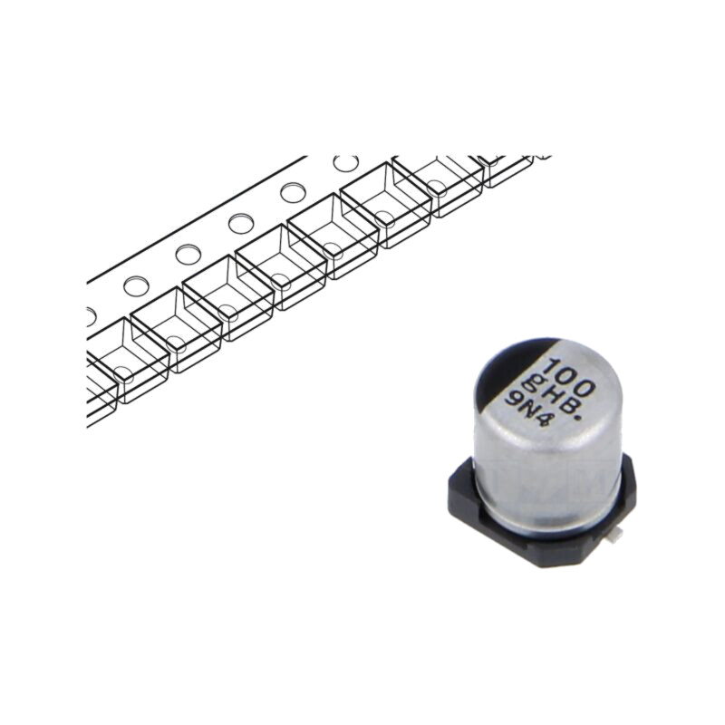 Condensator: electrolitic; SMD; 100uF; 4VDC; Ø5x5,8mm; ±20%; 2000h Condensator: electrolitic; SMD; 100uF; 4VDC; Ø5x5,8mm; ±20%; 2000h