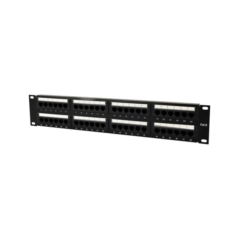 Patch panel; neagră; Număr porturi: 48; Cat: 6; RJ45 soclu x48