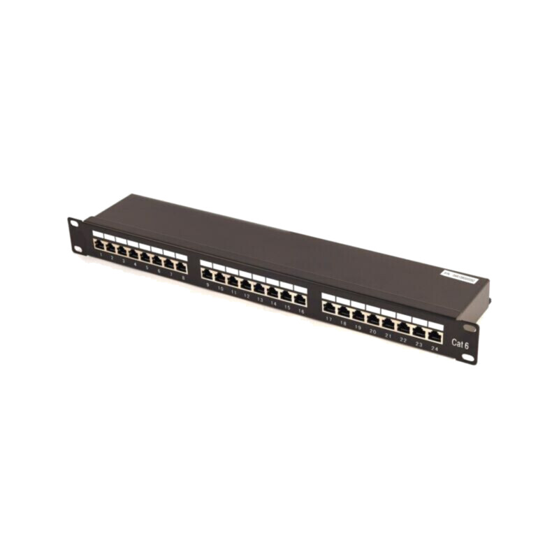 Patch panel; neagră; Număr porturi: 24; Cat: 6; RJ45 soclu x24