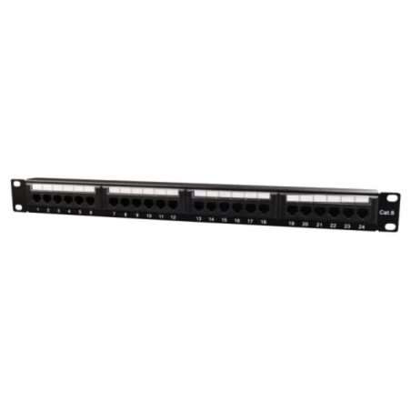 Patch panel; neagră; Număr porturi: 24; Cat: 6; RJ45 soclu x24