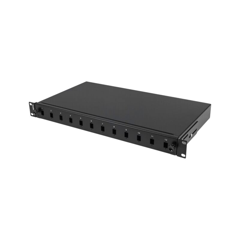 Patch panel de fibră optică; neagră; Număr porturi: 12; rack 19" Patch panel de fibră optică; neagră; Număr porturi: 12; rack 19"