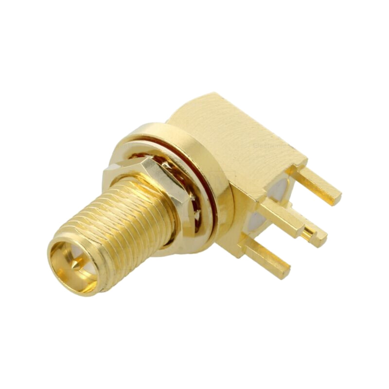 Conector: RP-SMA; soclu; tată; în unghi; THT; PTFE; aurit; IP67,IP68 Conector: RP-SMA; soclu; tată; în unghi; THT; PTFE; aurit; IP67,IP68
