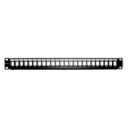 Patch panel; neagră; Număr porturi: 24; RJ45 soclu x24; RACK