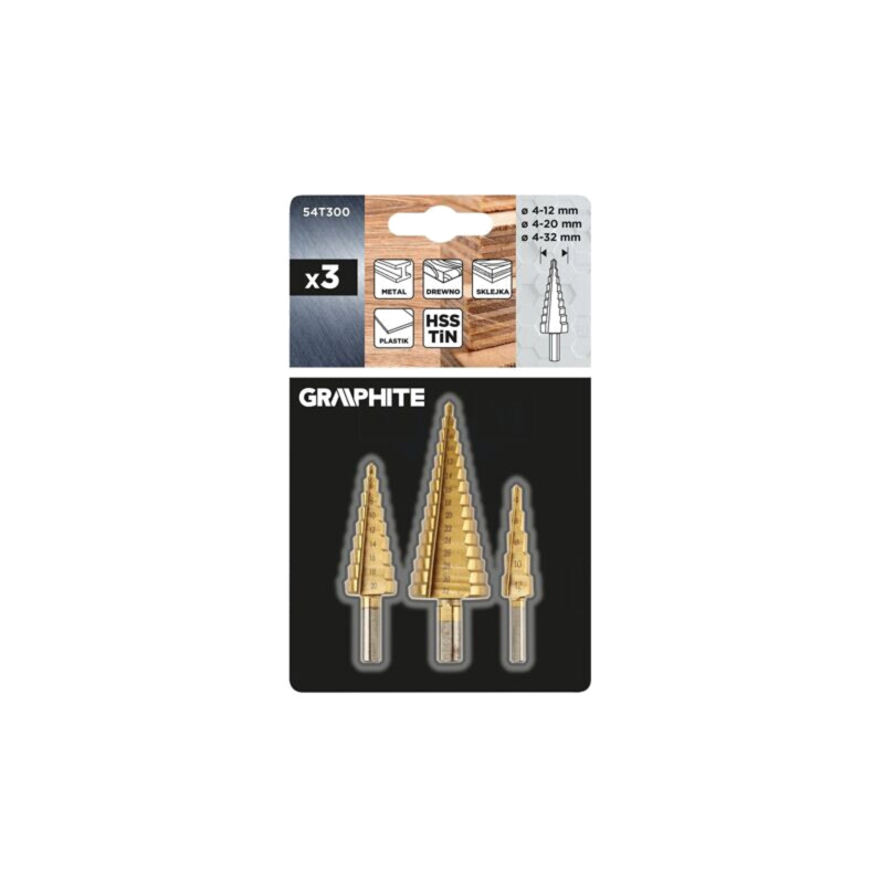 Set de burghie; graduale,conic; Ø: 4÷12mm,4÷20mm,4÷32mm; 3buc. Set de burghie; graduale,conic; Ø: 4÷12mm,4÷20mm,4÷32mm; 3buc.
