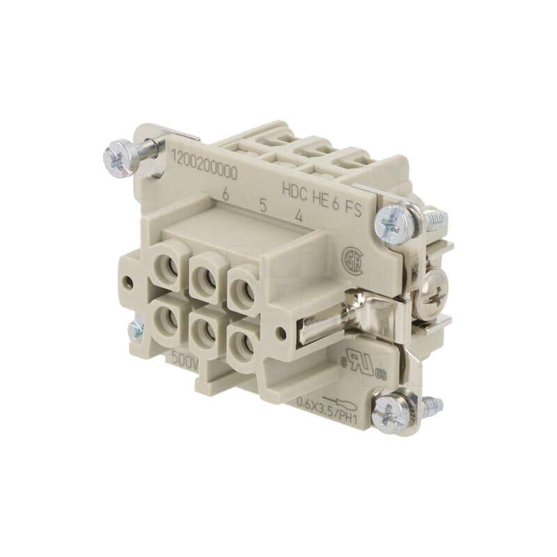 Conector: dreptunghiular; mamă; HDC; PIN: 6; 24A; 500V; 6+PE; drept Conector: dreptunghiular; mamă; HDC; PIN: 6; 24A; 500V; 6+PE; drept