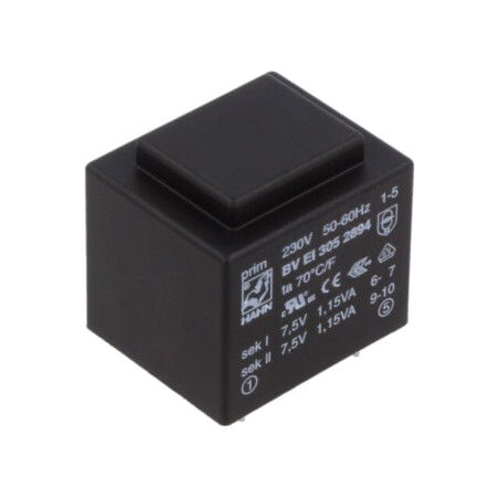 Transformator: încapsulat; 2,3VA; 230VAC; 7,5V; 7,5V; 153mA; 153mA