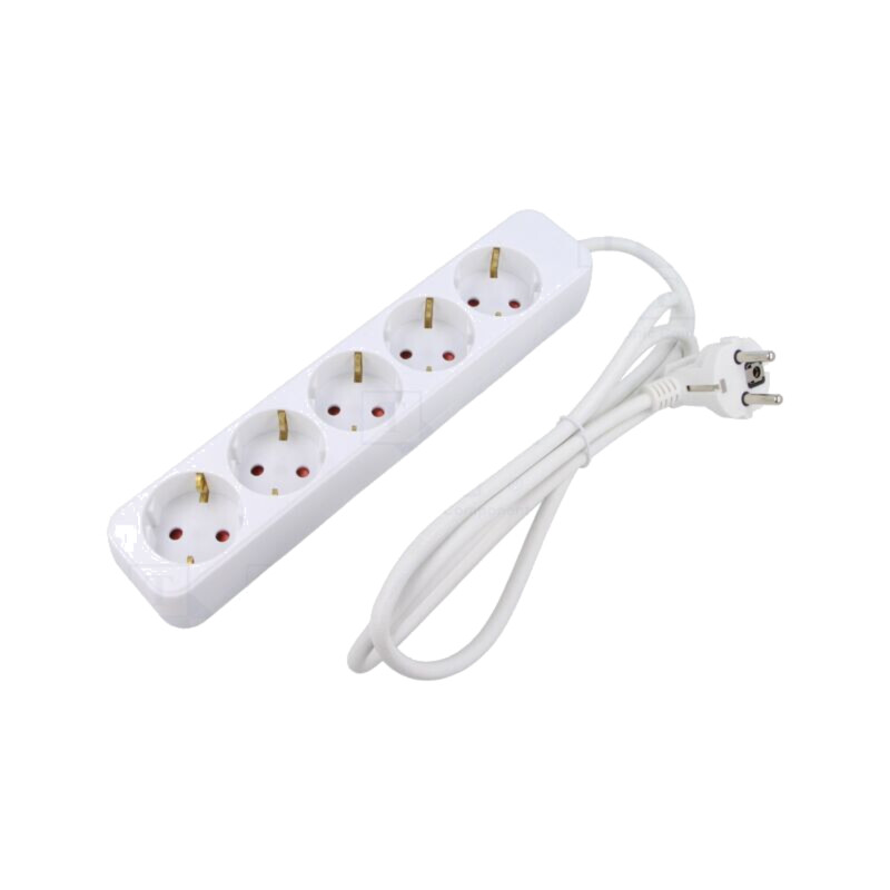 Prelungitor alimentare; 3x1mm2; Schuko; Prize: 5; gumă; alb; 1,5m Prelungitor alimentare; 3x1mm2; Schuko; Prize: 5; gumă; alb; 1,5m
