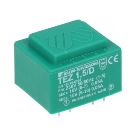 Transformator: încapsulat; 1,5VA; 230VAC; 15V; 15V; 5mA; 50mA; PCB