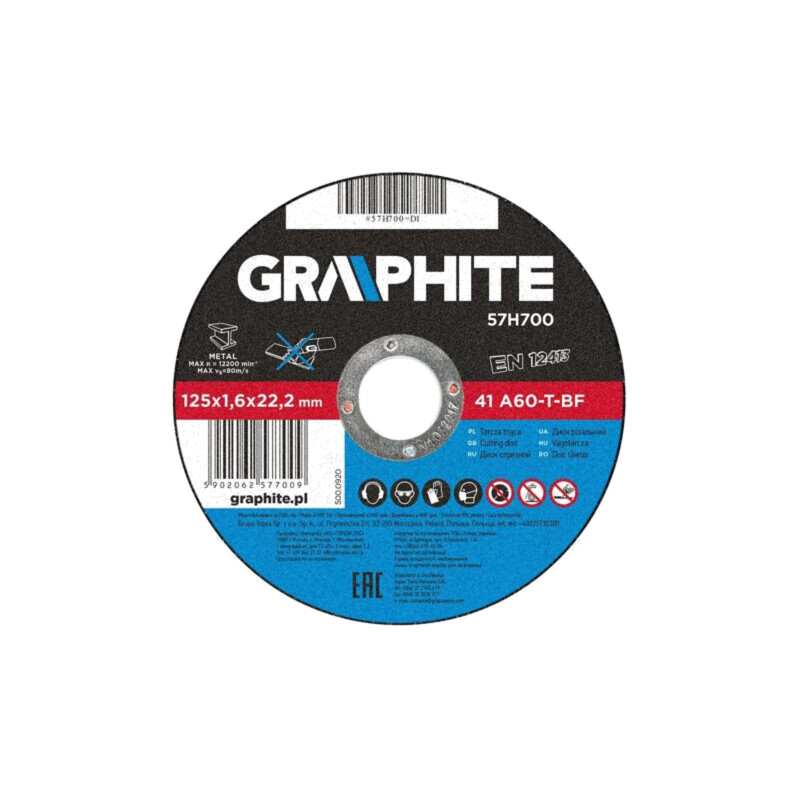 Disc de tăiere; Ø: 125mm; Øorif: 22,2mm; Gr.disc: 1,6mm Disc de tăiere; Ø: 125mm; Øorif: 22,2mm; Gr.disc: 1,6mm