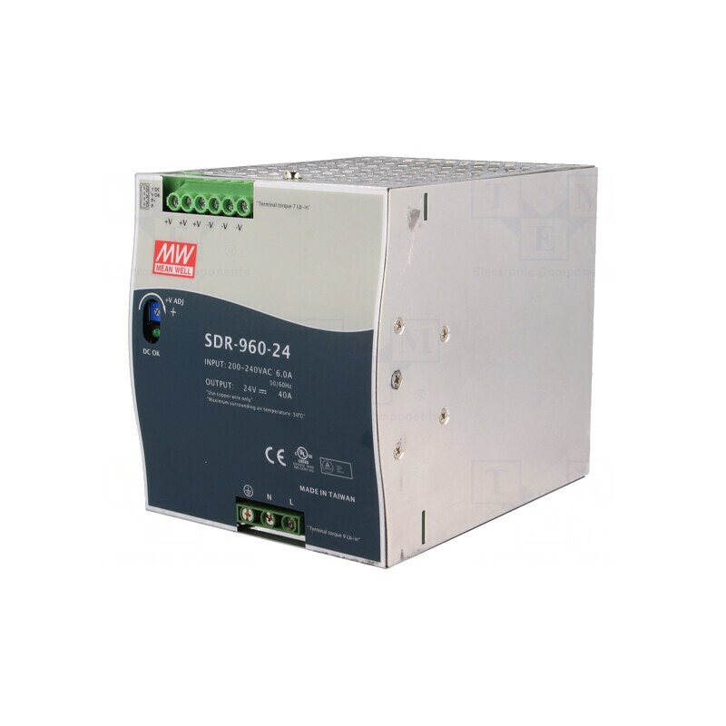 Alimentator: pulsatoriu pentru şină DIN 960W 24VDC 40A OUT: 1: cod: SDR-960-24,  | Electronic-mag.ro | Componente Electronice